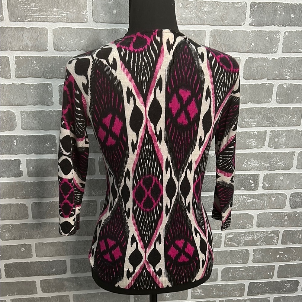 Tory Burch Ikat Print Merino Wool Cardigan Sweater Pink Black V Neck Size Small - Picture 9 of 14